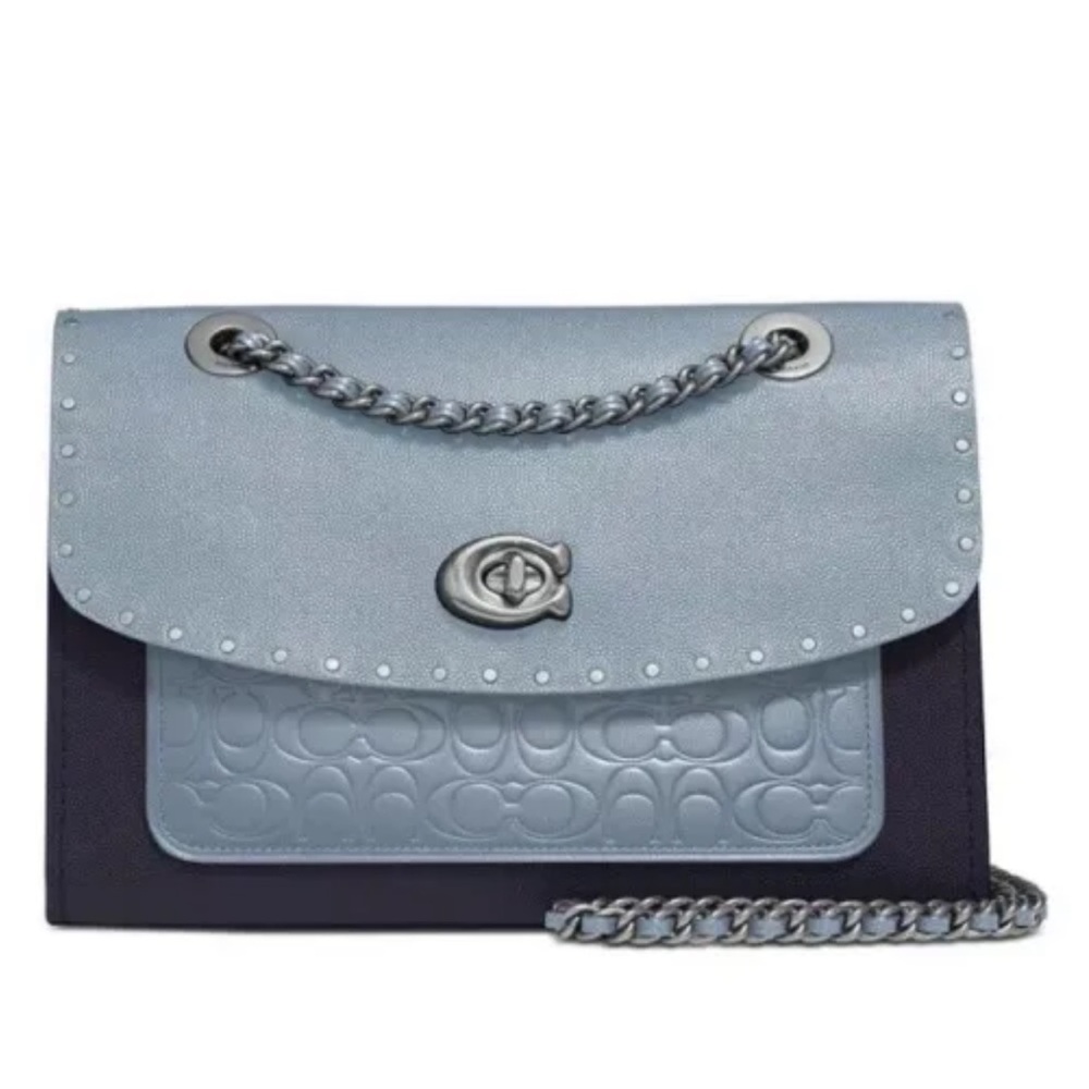 Coach Parker Mixed Media Studded Convertible Mist Blue Multi Shoulder Bag